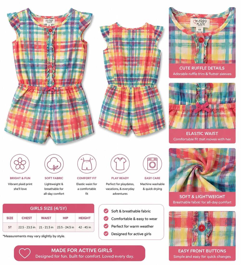1989 Place Toddler Girls Flutter Sleeve Plaid Romper